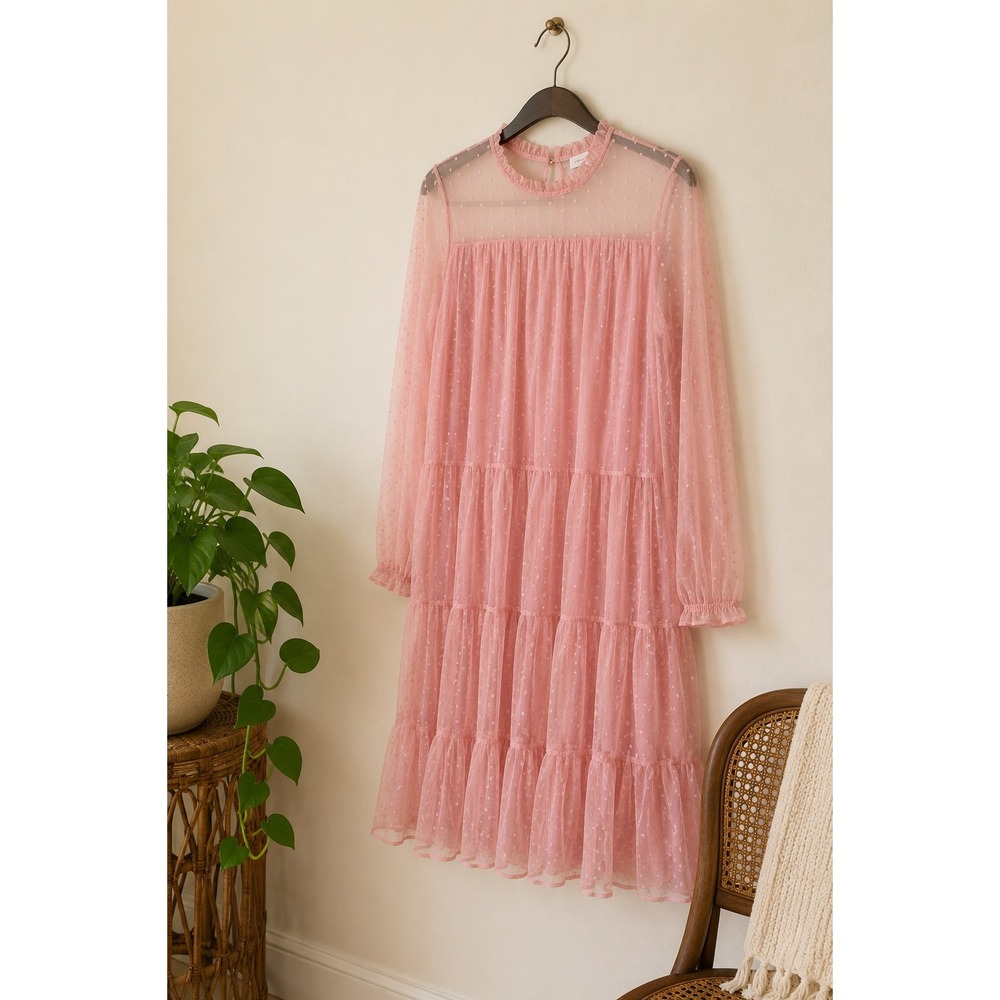 s.Oliver Pink Tiered Tulle Dress Sheer Sleeves Polka Dot Modest Wedding Guest